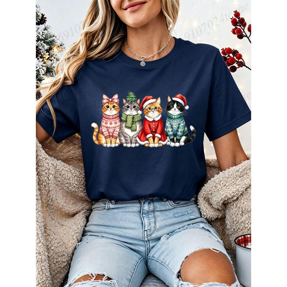 Xmas Cats Printed T‑Shirt Women Funny Cat Graphic Christmas Party Casual Short Sleeve Tops Family Holiday