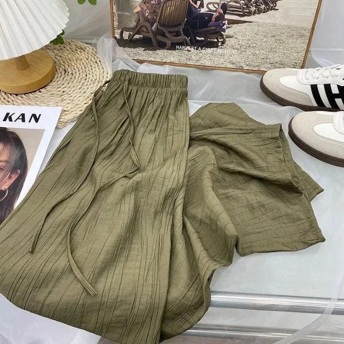 Women s High-Waisted Japanese Style Ice Silk Wide-Leg Pants - Summer Casual Pleated Design S