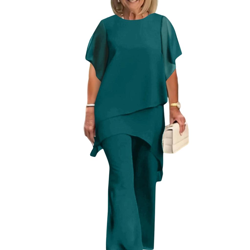 Women's Fashion Casual Solid Color Loose Fit Asymmetric Hem Two Piece Set Top and Pants Lightweight Comfortable Outfit for Daily Wear