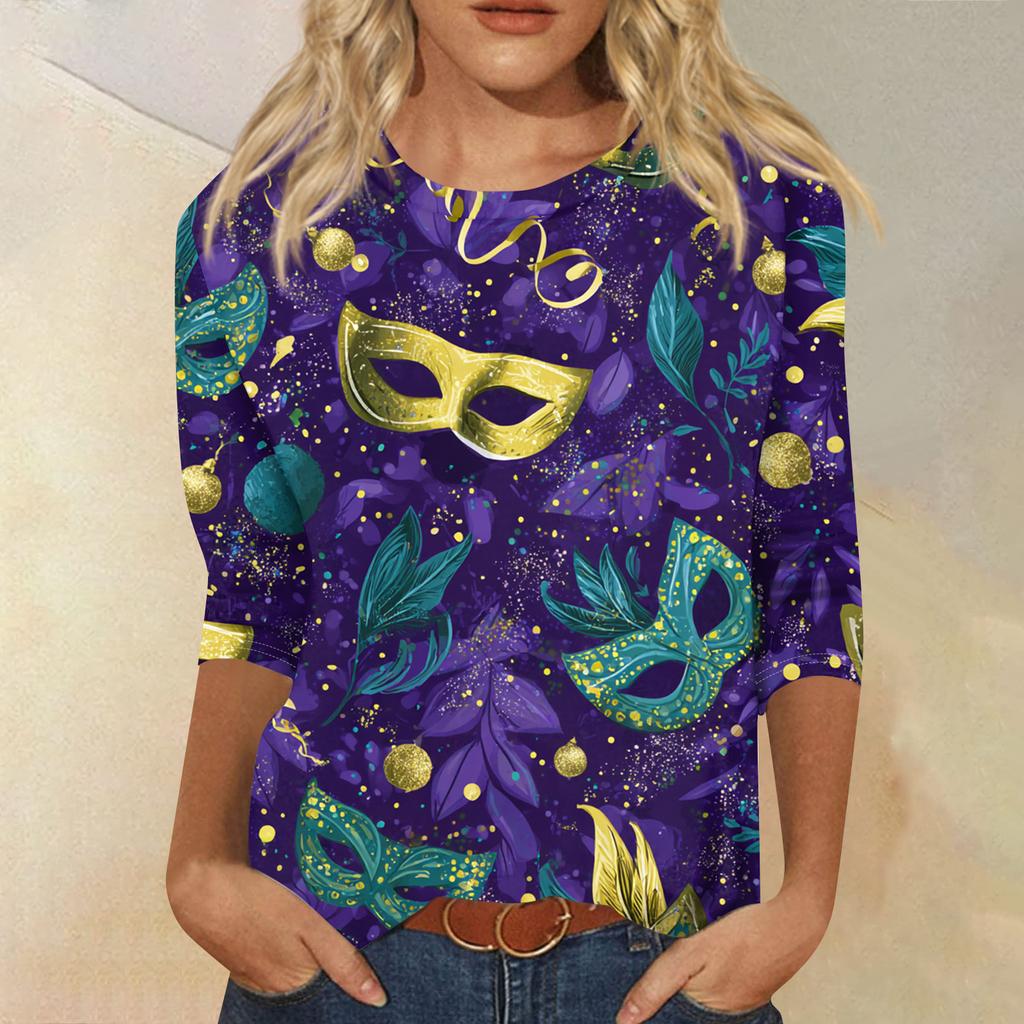 Women's Fashion Casual Round Neck Three-quarter Sleeve Carnival Print T-shirt Top