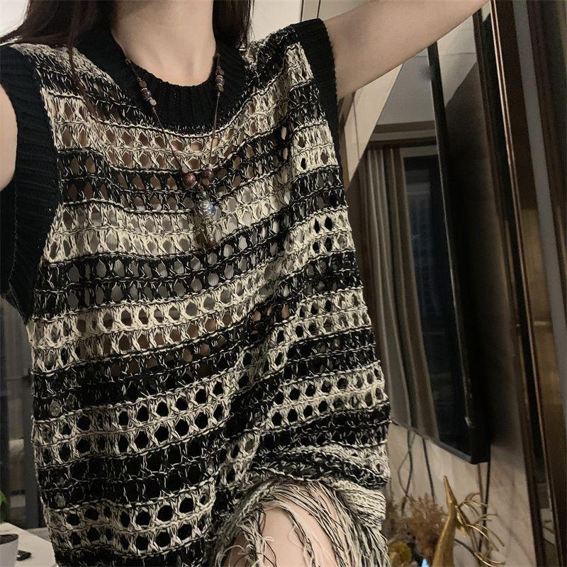 Medium To Long Tassel Top for Women with A Niche Retro Design Hollowed Out Sleeveless Vest Summer Contrasting Stripes