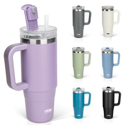 TYESO Tumbler Wasserflasche, kälteisolierte Edelstahlflasche, Trinkflasche mit Strohhalm und Griff, Becher für den Außenbereich, vakuumisoliert, doppelte Struktur, breit