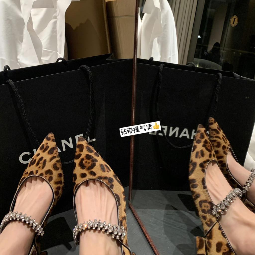 Sheepskin version elegant pointed leather shoes diamond belt versatile leopard print shoes shallow mouth single shoes women's beautiful small h