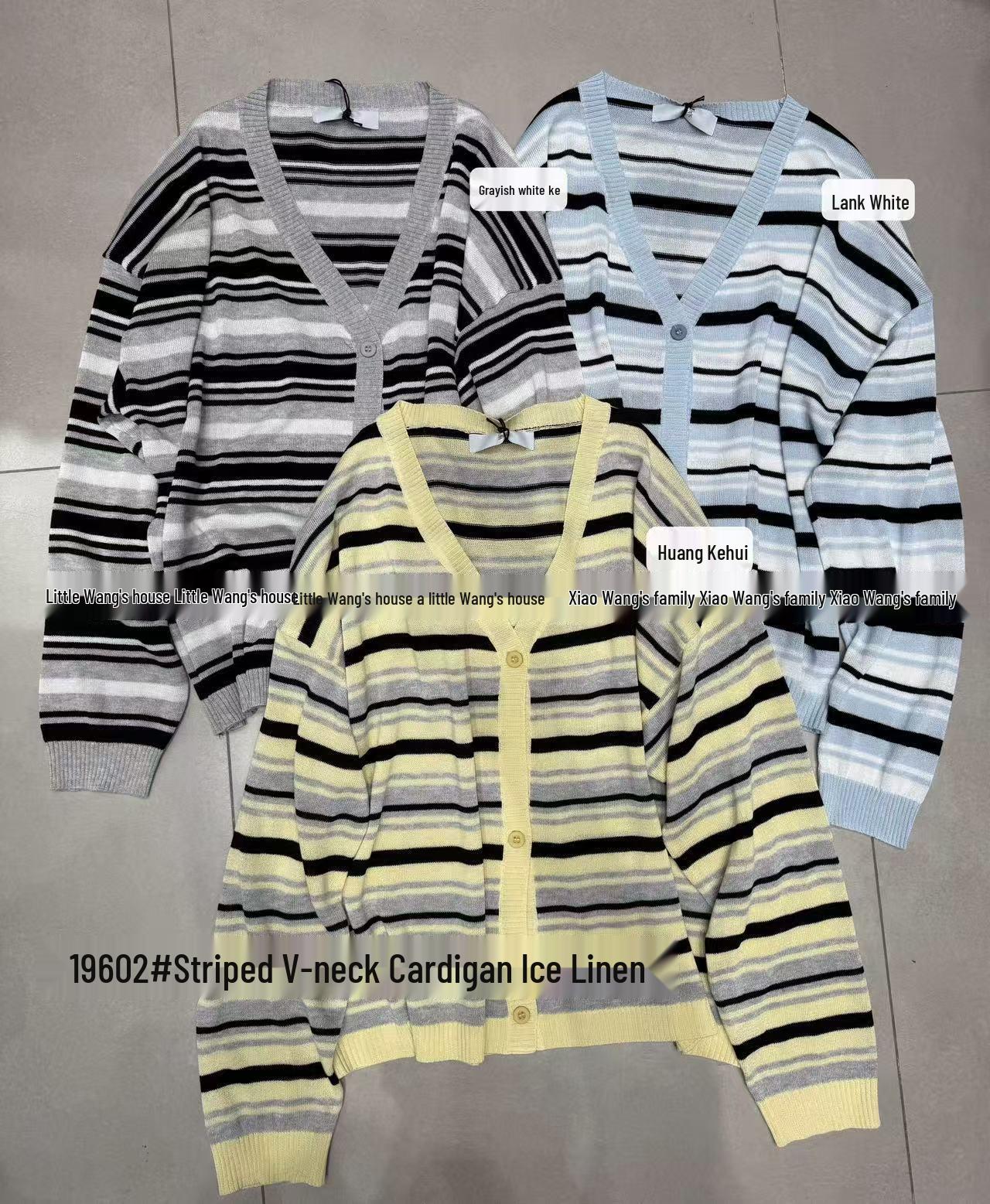 

Летний кардиган свободного кроя в полоску с V-образным вырезом от Сяо Вана для больших размеров Gray-White-Black