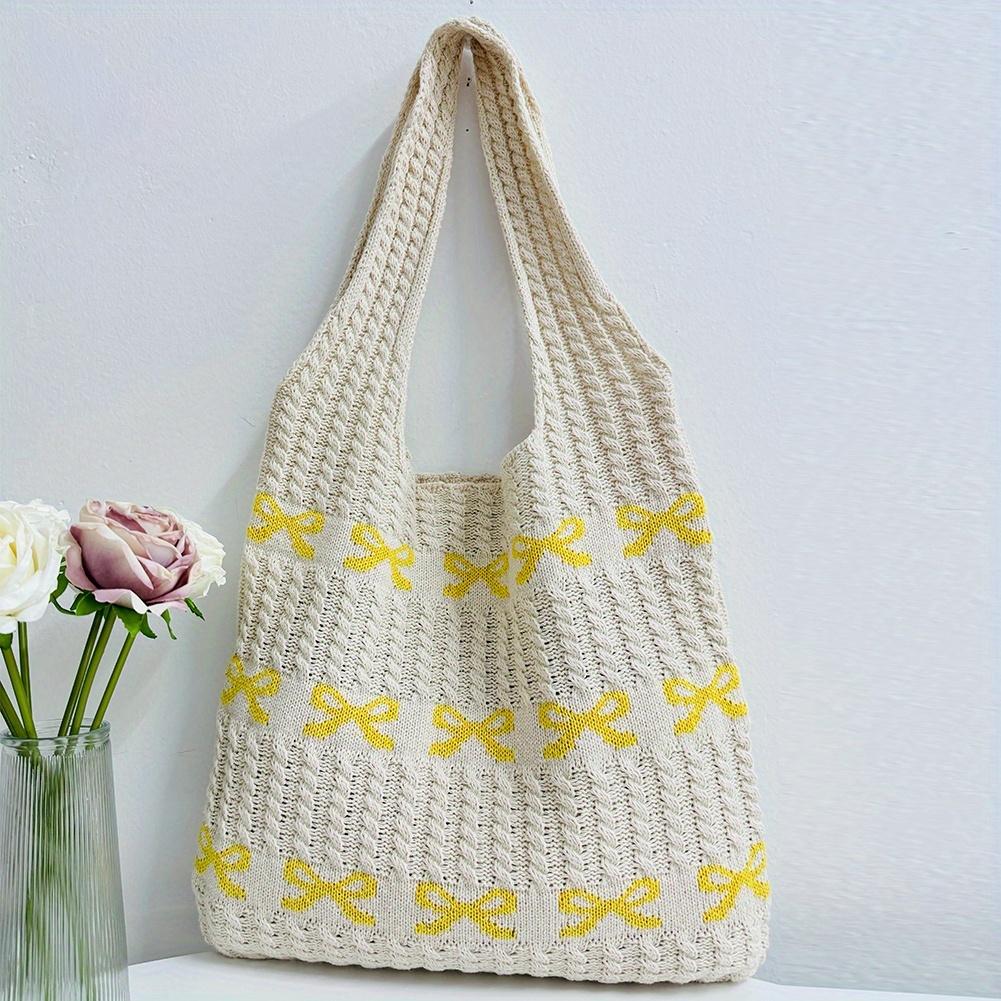 Knitted Handbags Large Capacity Bow Pattern Crochet Tote Bag Bow Pattern Crochet Tote Bag Multifunctional Knitted Shopping Bag