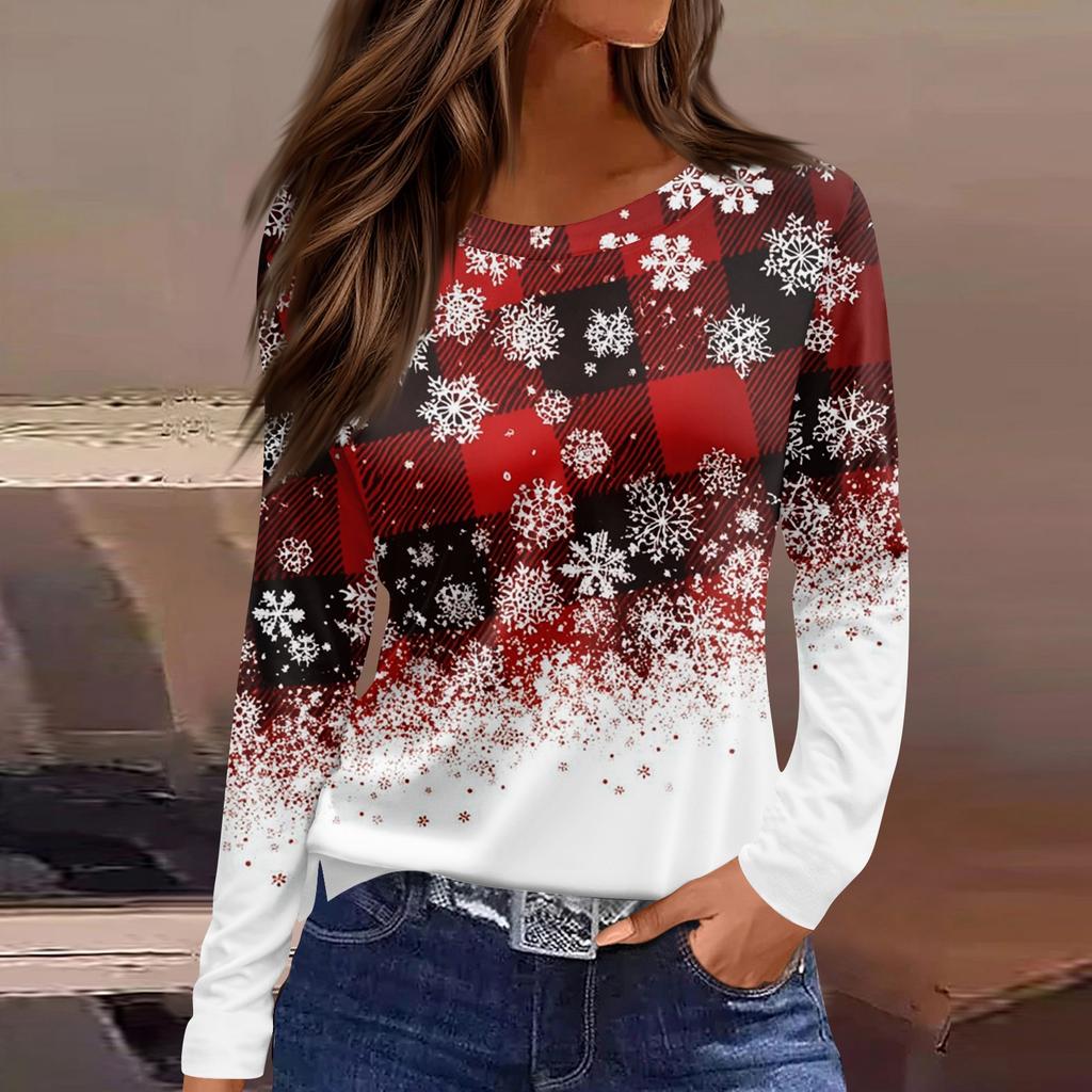 Women's Fashion Casual Slit Hem Round Neck Long Sleeve Loose Christmas Printed T-Shirt Ladies Top