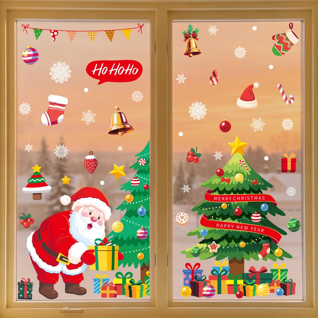 Christmas Static Glass Window Stickers, Snowflake Gift Box Santa Bell Christmas Tree Decorative Decals for Home Shop Decor