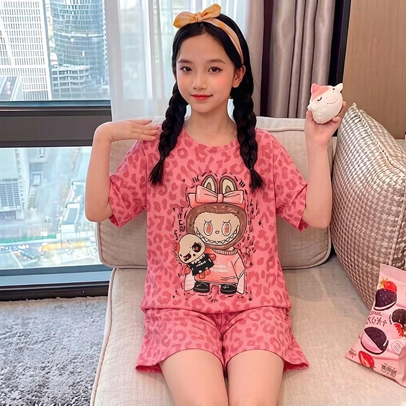 Girls' Comfortable Summer Cartoon Pajama Set: Short Sleeve & Shorts for Kids