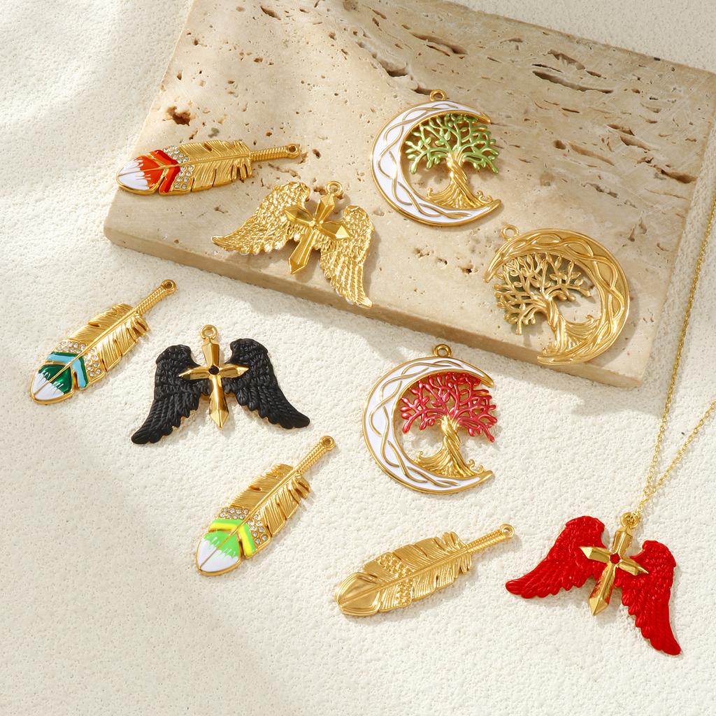 1Piece 304 Stainless Steel Pendants 18K Gold Plated Enamel Tree Of Life Moon Feather Winged Cross Charms For DIY Necklace Making