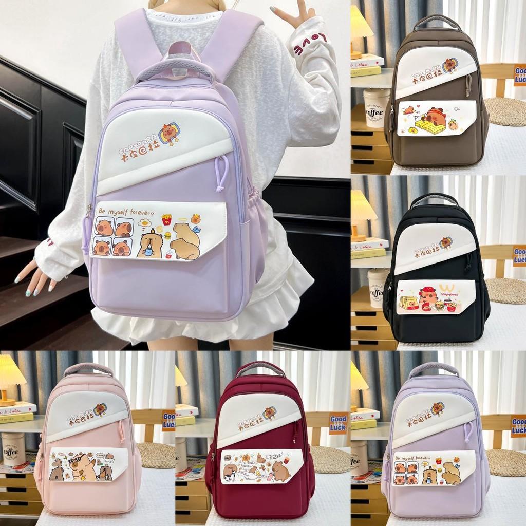 Capybara Cartoon Pattern Nylon Backpack With Striped Stitching For Travel School