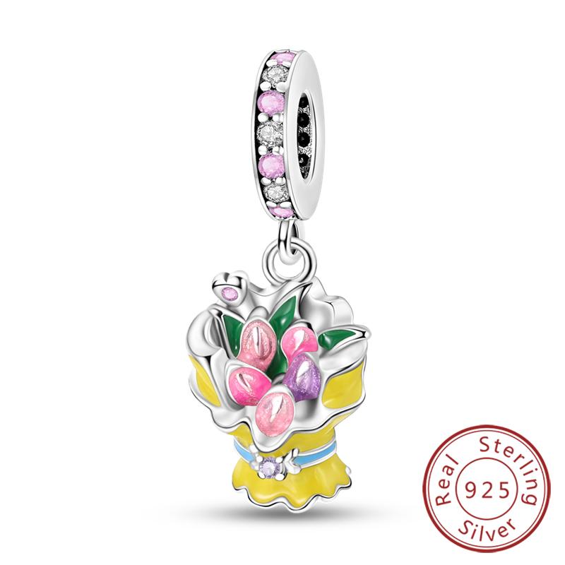 Original Copper Charms Beads Pendant Lotus Tulip Rose Carnation Flower Series Bead Fit Bracelets Women Jewelry Gift