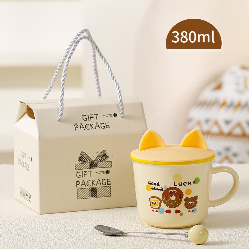 Niedliches Geschenk Keramiktasse Souvenirtasse Frauen Becher Cartoon Wassertasse Haushalt Kaffeetasse mit Deckel Löffel Kinder