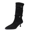 2025 Fashion Pointed Heel Suede French Skinny Short Boots Fashion Buckle Medium Tube Folds Pile Boots Black Women