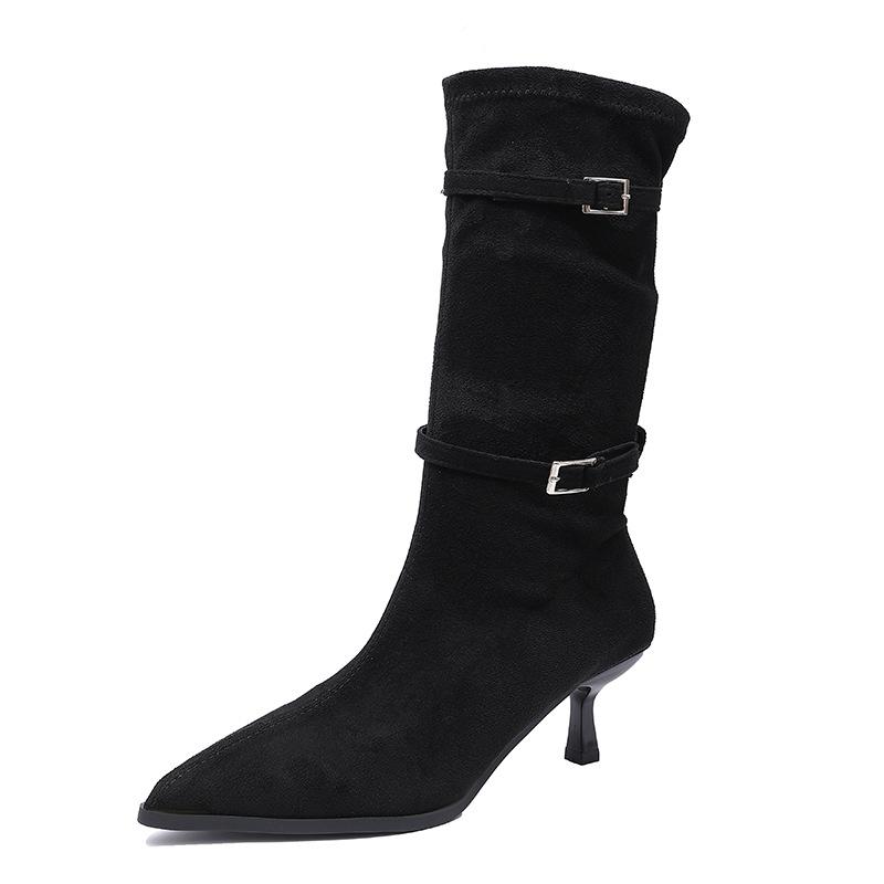 2025 Fashion Pointed Heel Suede French Skinny Short Boots Fashion Buckle Medium Tube Folds Pile Boots Black Women