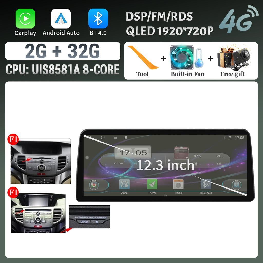 12.3inch For Honda Accord 8 Europe Spirior 2009-2013 Car Radio Multimedia Navigation Wireless BT CarPlay Touch Head Unit Screen