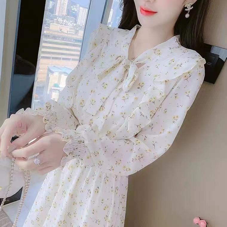 French Ruffled Floral Dress for Women In Spring New Style Waist-hugging Temperament Bow Tie Base Skirt