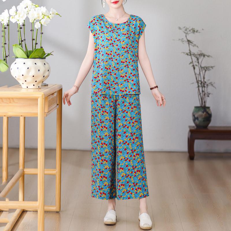 Plus Size Summer Pants Sets for Women Elegant Loose Vintage Print 2 Piece Outifts