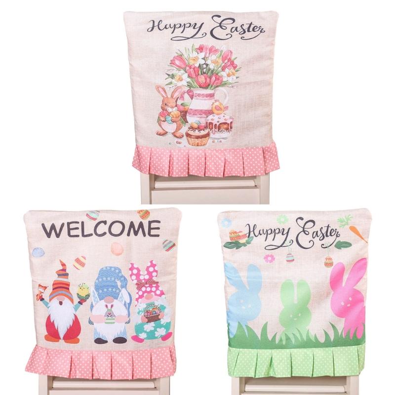 Rabbit Gnome Chair Back Cover Easter Holiday Party Ruffle Hem Chair Slipcover Washable Linen Furniture Protective Cover