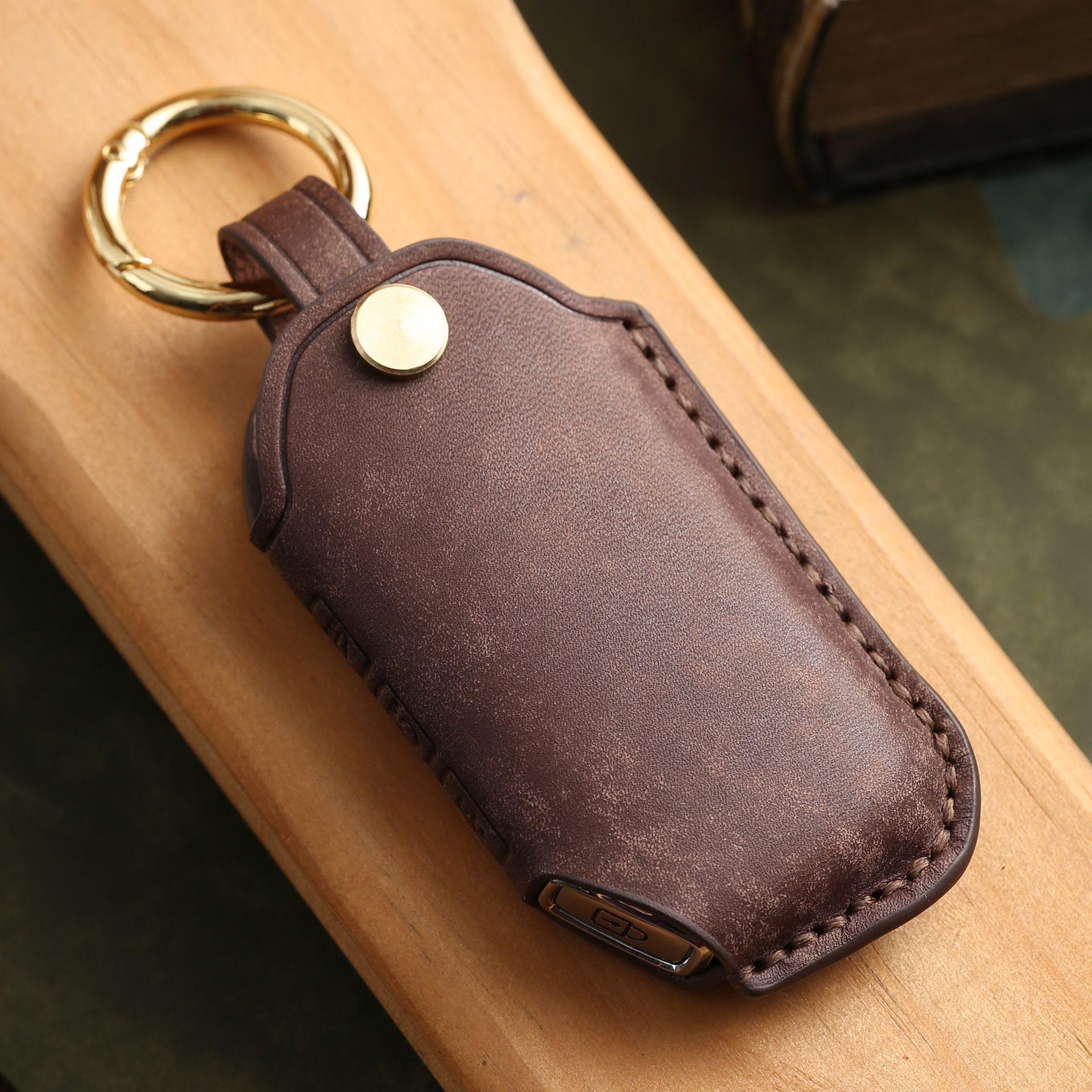 

Customized leather key cover is suitable for high-grade pure hand-stitched car key bag and shell ring for Kia commercial vehicles коричневий