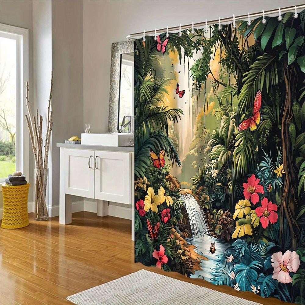 Tropical Paradise Shower Curtain - Waterproof, Mildew-Resistant With Lush Jungle Waterfall Design For Vibrant Bathroom
