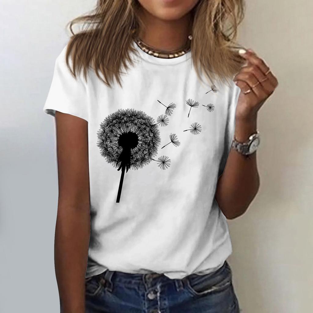 Women's Cute Printed Short Sleeve Round Neck Front Shoulder Vintage Short Sleeve Summer Loose Shirt Top