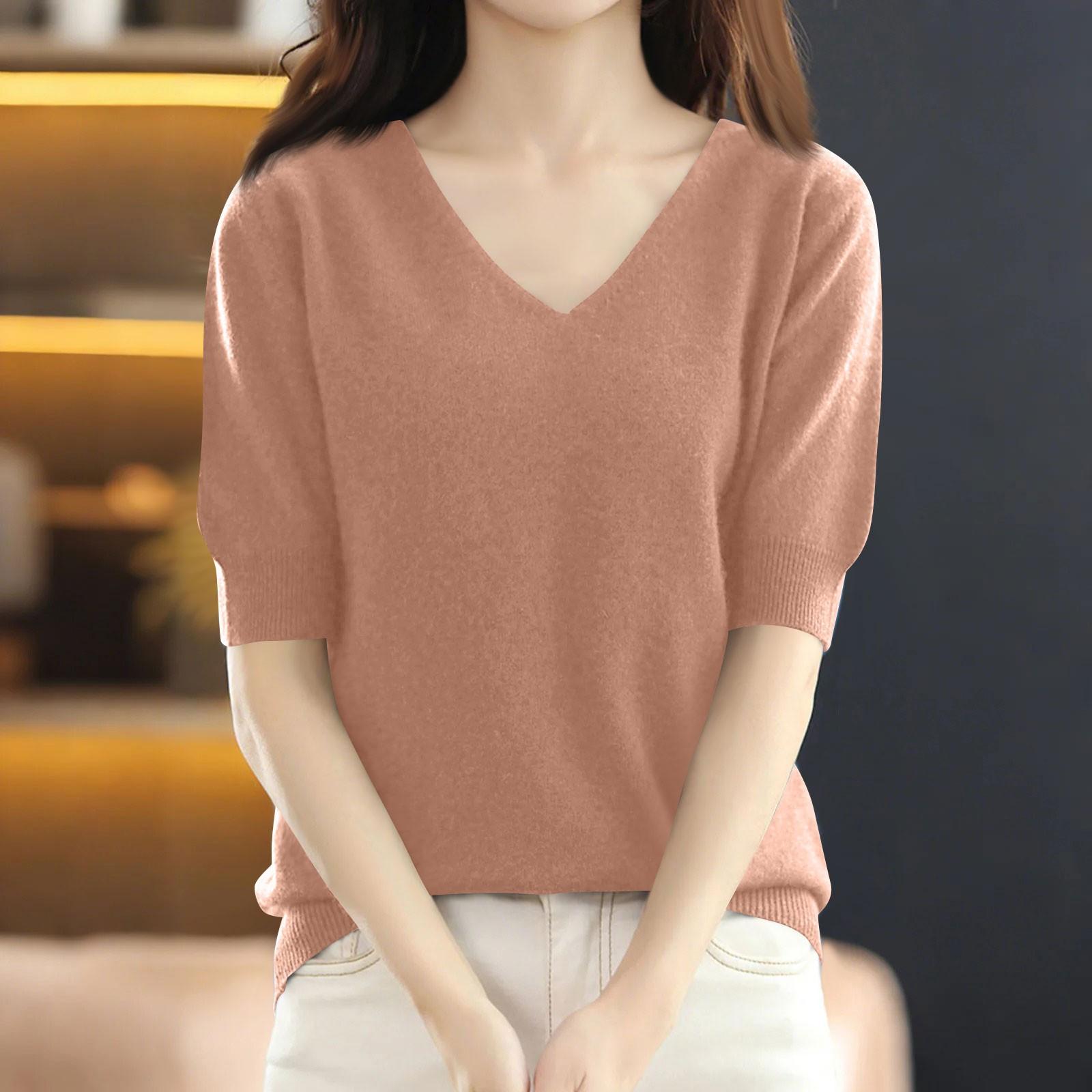 

Women s Fashion Loose Knit Sweater Bottom Shirt V-Neck Pullover Sleeves Solid Color Top M верблюд