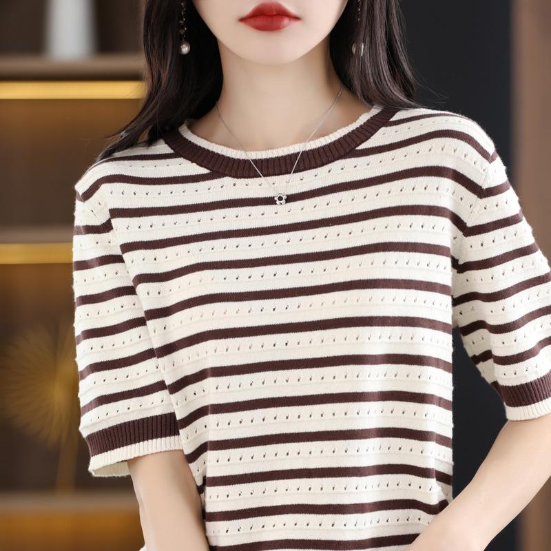 Round Neck Contrast Striped Knitted Short-sleeved Summer Style Loose Slim Hollow Half-sleeved Pullover T-shirt Top Hot Season Thin
