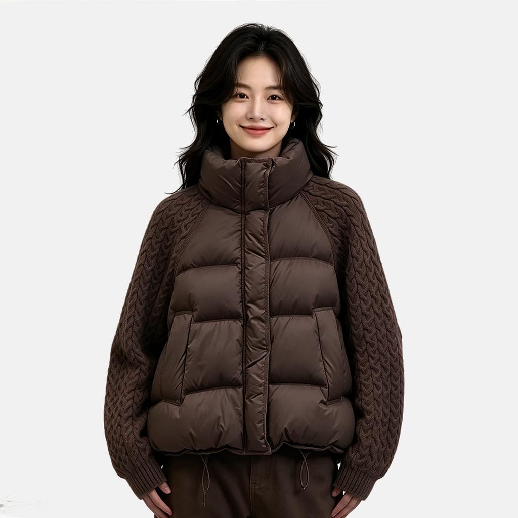 European and American Winter New Stand-up Collar Knitted Sleeves Splicing Shoulder Sleeves Down Cotton Clothes Women's Short Fashion Casu