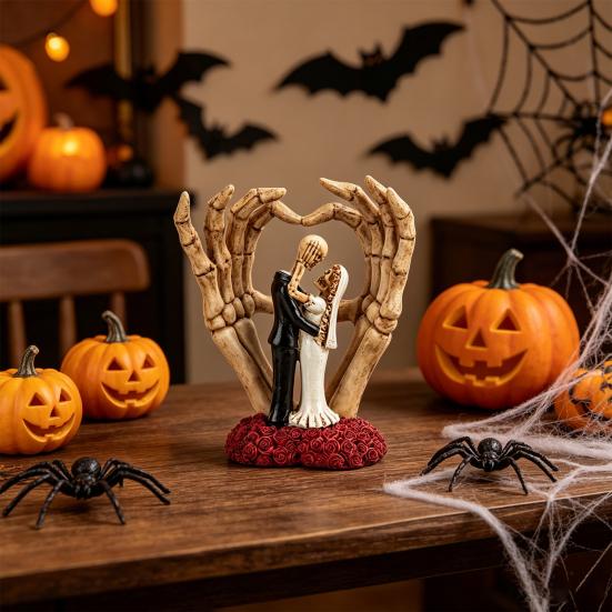 Huaqianguhh Skeleton Couple And Hand Ornament, with Rose Base, Durable Resin Gothic Skull Wedding Decor, for Halloween Decoration