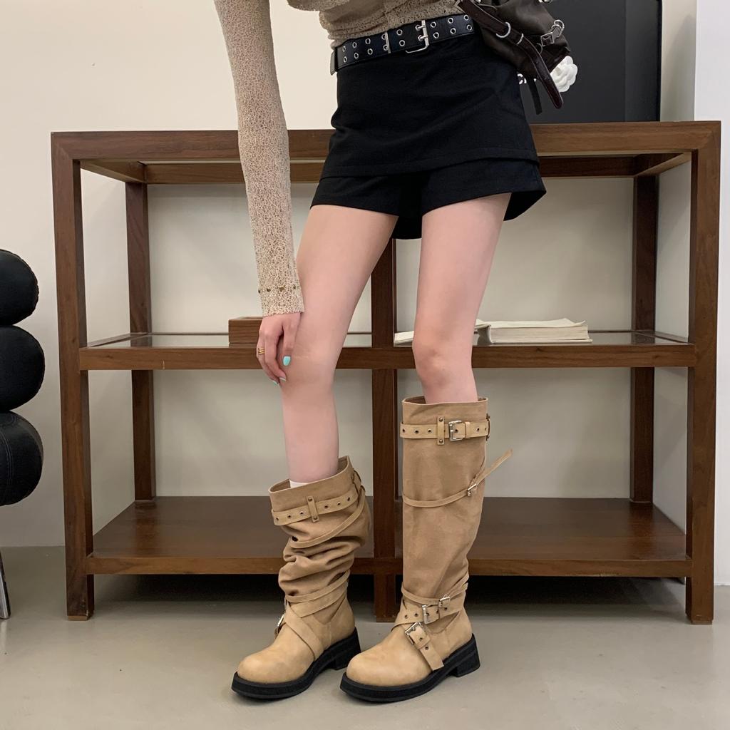 New versatile retro style belt buckle knight boots women's tall locomotive boots Maillard style western cowboy boots