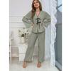 Design Inspired Sleepwear Women's Solid Color V-belt Cardigan Light Luxury Long Sleeved Home Suit Set, Casual, Breathable and Comfortable
