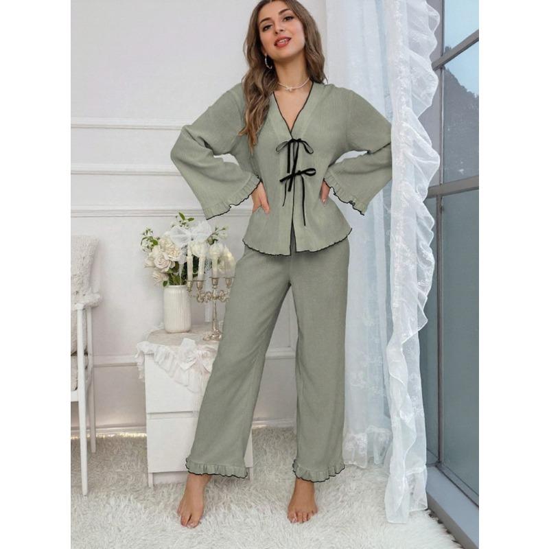 Design Inspired Sleepwear Women's Solid Color V-belt Cardigan Light Luxury Long Sleeved Home Suit Set, Casual, Breathable and Comfortable