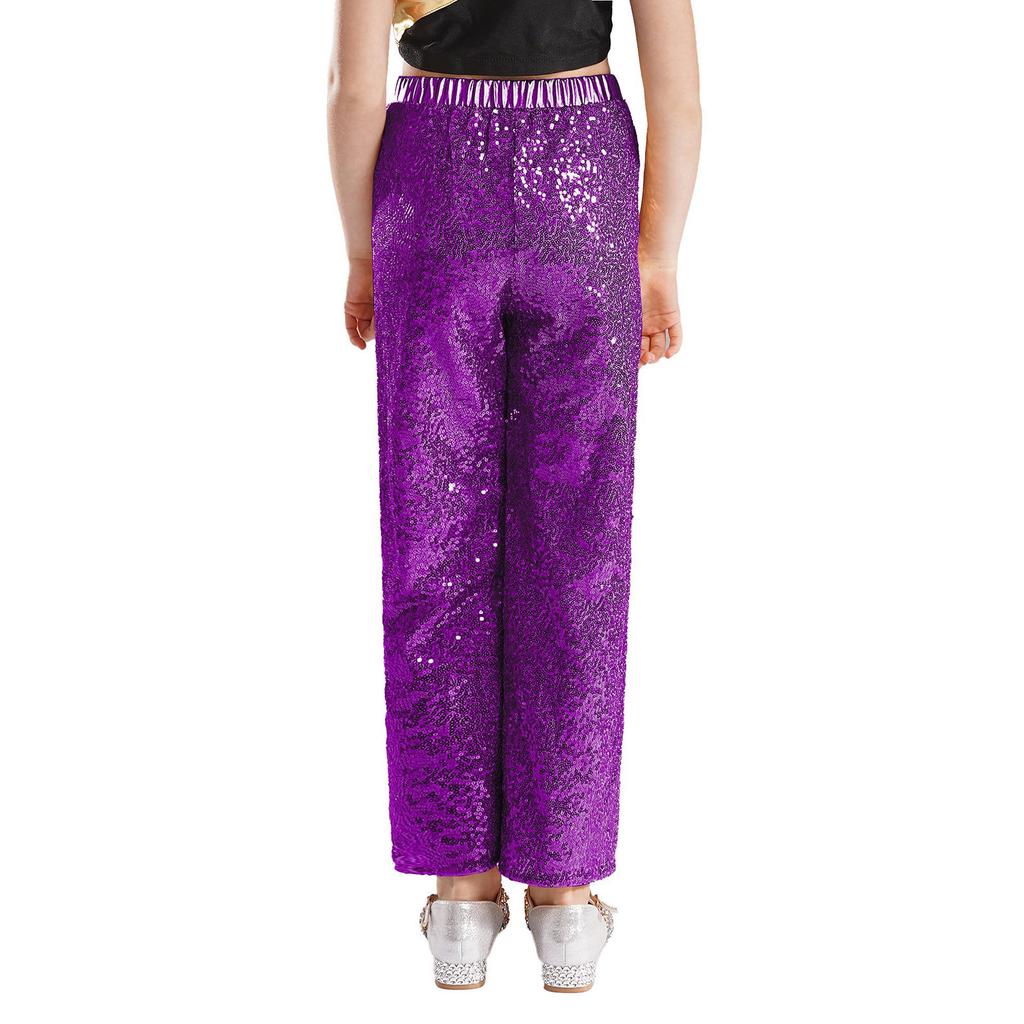 Girls Shiny Sequin Pants High Waist Elastic Waistband Loose Trousers Jazz Dance Performance Trousers