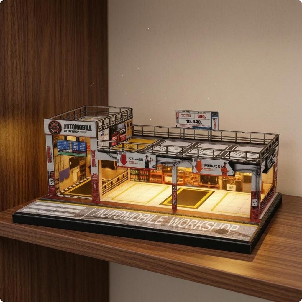 Miniature Parking Workshop 1:64 Scale DoubleLayer Model Rooftop Railings Garage Building