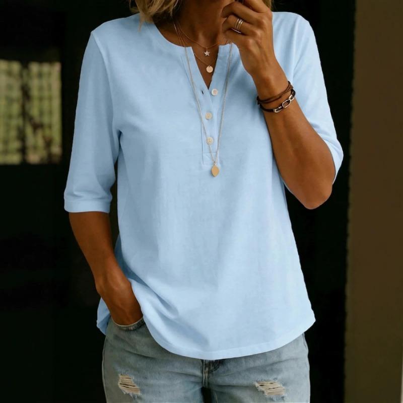 

Women s Light Blue 3/4 Sleeve Henley T-Shirt S небесно-голубой