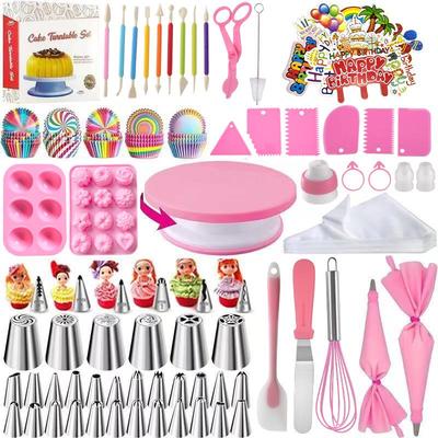 Kit de décoration de gâteau de 320 pièces: Platine tournante, Bacs à douille, Poches à douille, Racloirs, Spatules, Moules à muffins