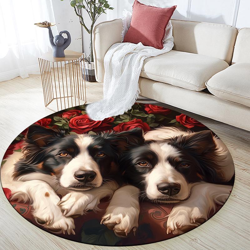Runder Teppich mit Muster von Border Collie und frischen Blumen, Teppich für Wohnzimmer, Schlafzimmer, Spielzimmer, rutschfeste Fußmatte, Feiertagsgeschenke und Geburtstagsgeschenke.