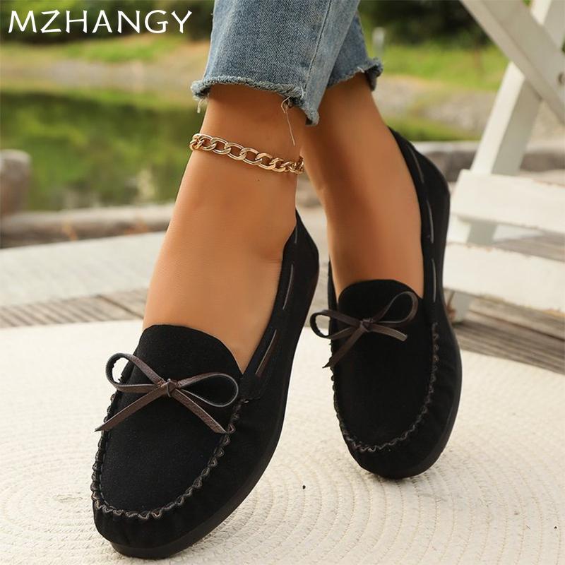 Модные женские замшевые туфли на плоской подошве с бантом — фото 4