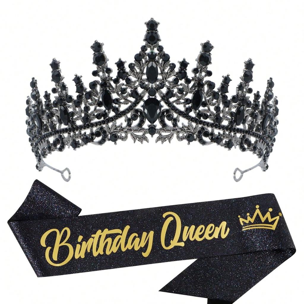2Pcs Birthday Queen Tiara Crowns for Women Crystal Birthday Queen Headband Sash Elegant Princess Crown Birth Party Decorations