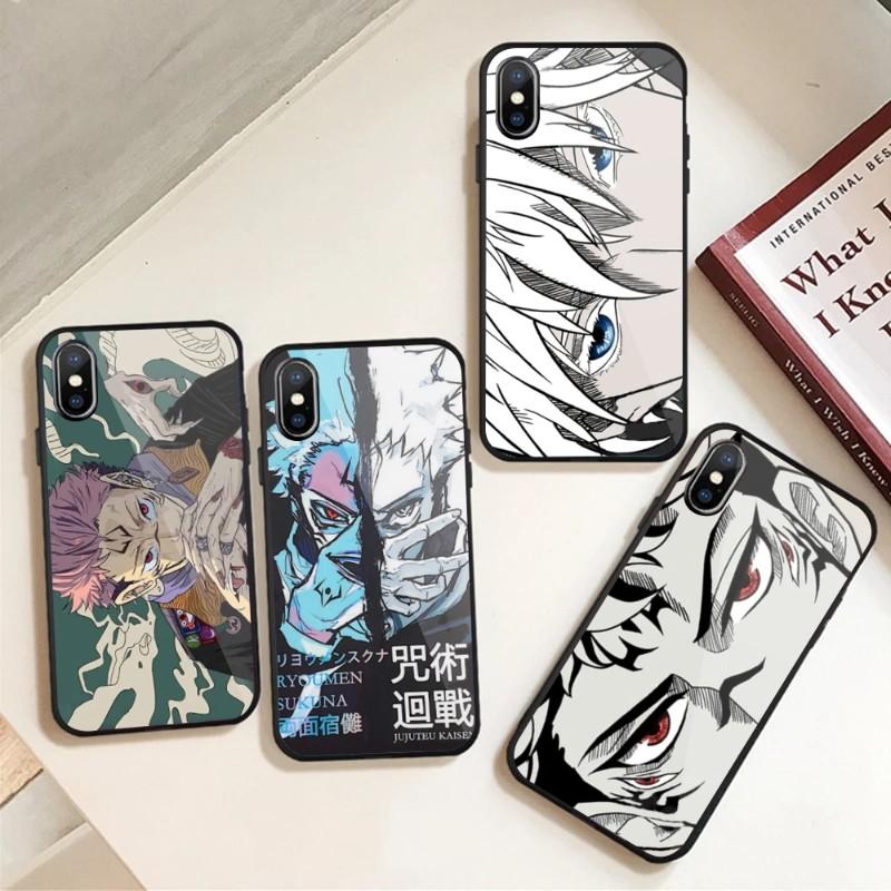 Cartoon Anime Jujutsu Kaisen Phone Case For IPhone 13 12 11 XS X 8 7 6 Plus Mini Pro Max SE 2022 Black PC TPU Glass Phone Cover