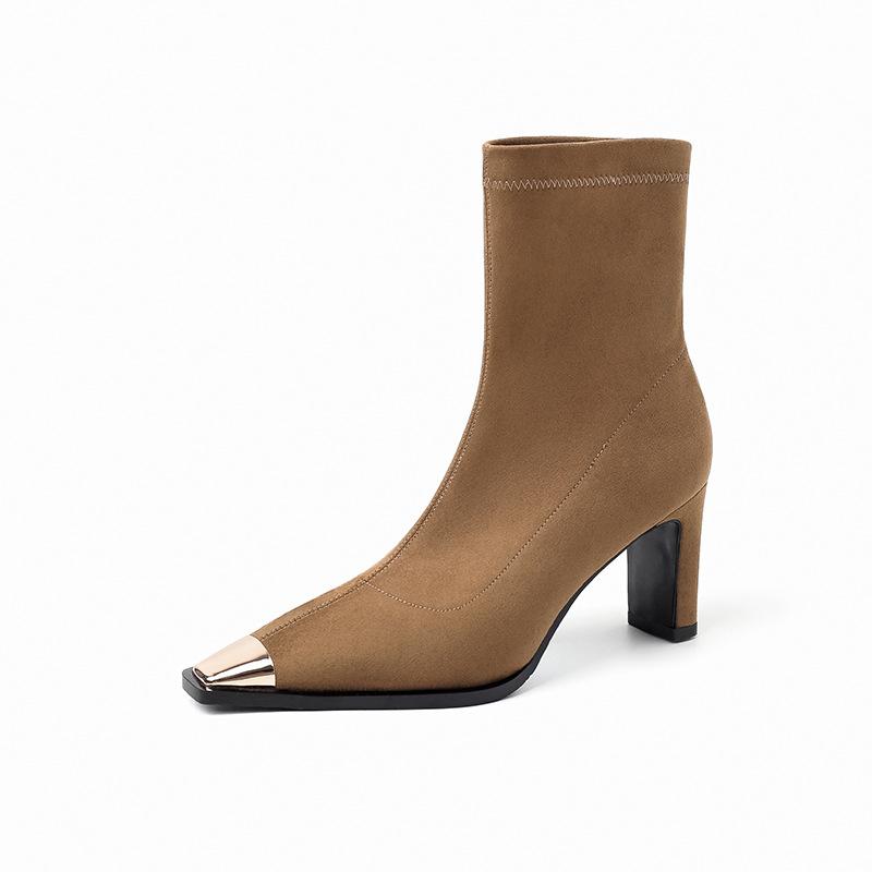 European popular anti-kick iron head short boots British style fashion versatile square head thick heel side zipper elastic thin boots women