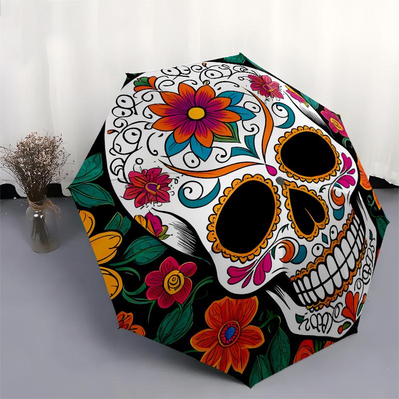 Sugar Skull, Day of the Dead Theme 8 Bone Hand Automatic Folding Umbrella, Compact and Portable Design, A Perfect Gift for Birthday, Christm