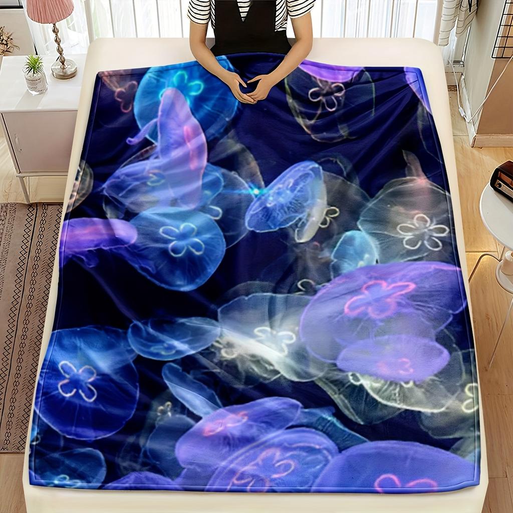 1pc Vibrant Jellyfish Pattern Flannel Throw Blanket – Soft, Cozy, and Stylish Digital Printed Design in Blue, Purple, Pink, and