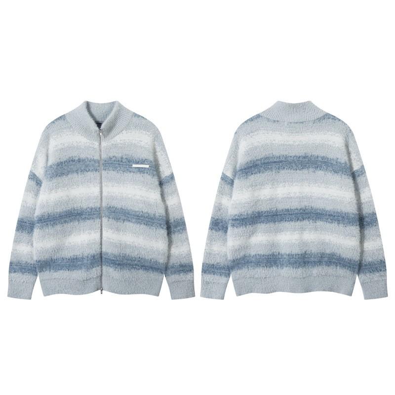 Unisex Gradient Stripe High Neck Knit Cardigan Sweater Loose Fit Zipper Jacket Casual Streetwear