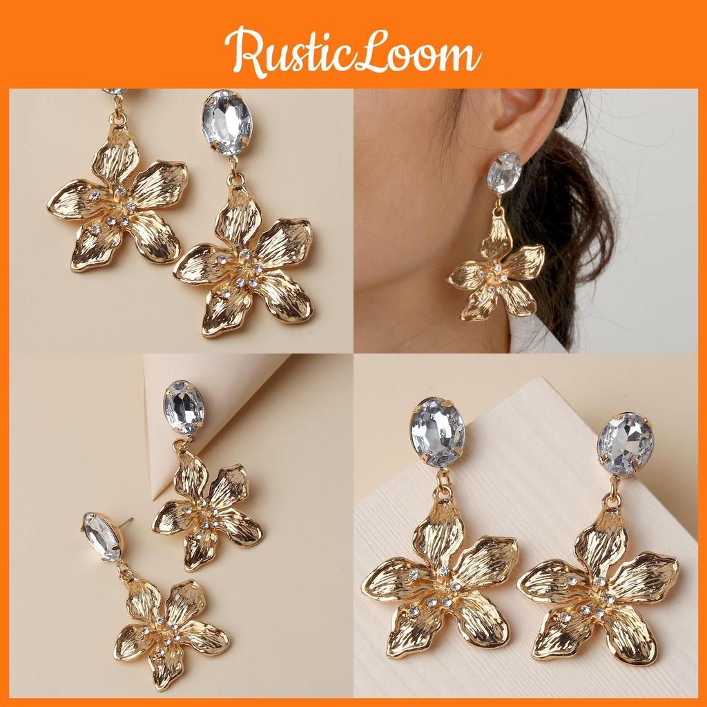 Gold Flower Earrings With Rhinestones For Women Gift Weddings And Celebrations
