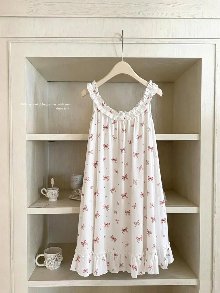Bow print fungus edge suspender nightdress women's loose sweet loungewear