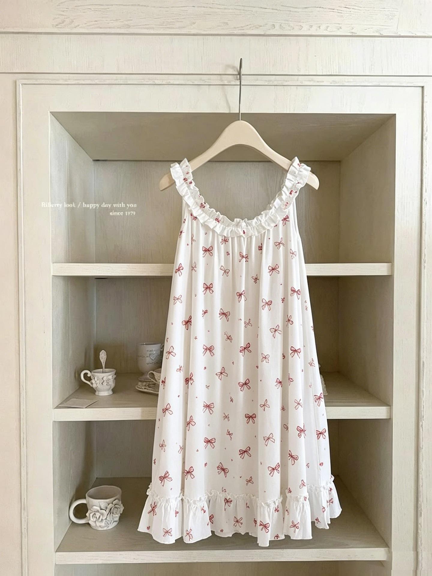 Bow print fungus edge suspender nightdress women s loose sweet loungewear S