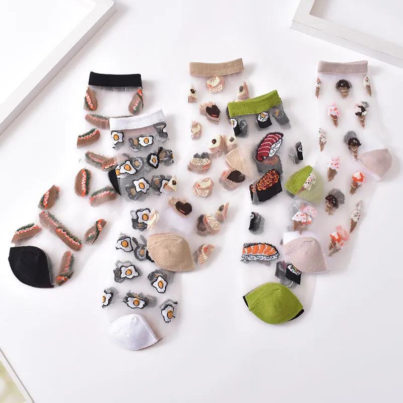 Summer Women Socks Ultra-thin Transparent Crystal Silk Socks Women Cartoon Print Japanese Kawaii Cute Funny Elastic Long Socks