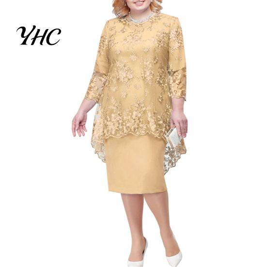 Lady Evening Dress O-neck High-Waist Plus Size Midi Embroidery Lace 3/4 Sleeve Female Clothing