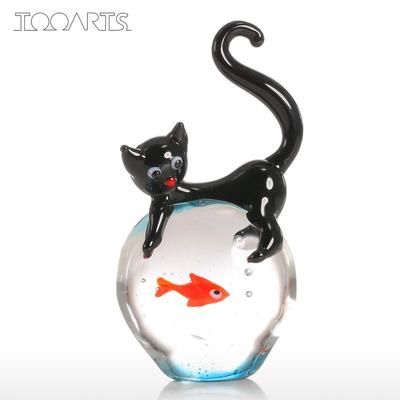 Cat and Goldfish Gift Glass Ornament Animal Figurine Handblown Home Decor Black & Red